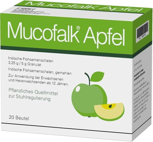 Mucofalk Apfel, hochwertige Flohsamenschalen, Arzneimittel bei Darmbeschwerden wie z.B. chronischer Verstopfung oder unterstützend bei Durchfall, praktische Portionsbeutel, Apfelgeschmack, 20 St