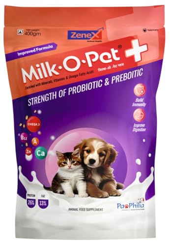 Image of Milk-O-Pet + | Puppy & Kitten Milk Replacer Powder | Strength of Probiotics & Prebiotics | Omega 3, Calcium, Vitamin A, B12 & Zinc | Build Immunity & Improve Digestion | Pack of 400gm