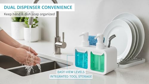 Image of Kitchen Sink Soap Dispenser Set - Dual Pump for Hand & Dish Soap, Sponge & Brush Holder, Refillable Sink Organizer (White)