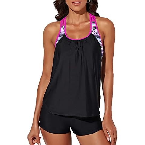 Aleumdr Womens Fashion Racerback Elastic Shoulder 2Pcs Tankini Sets with Boyshorts Beachwear Swiwwear for Women Rose Medium (UK Size 12-14) Cover