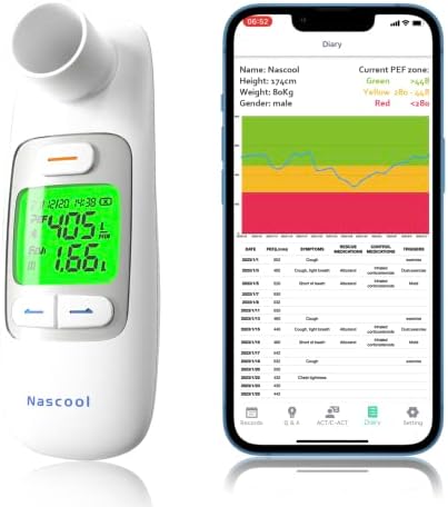 Nascool Peak Flow Meter with Bluetooth APP Spirometer for Asthma COPD Monitor PEF FEV1 Home Medical 300 Records Kids Adult