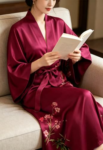 Image of Women's Classic 100% Silk Kimono Robe, Bathrobe-Printed Pattern