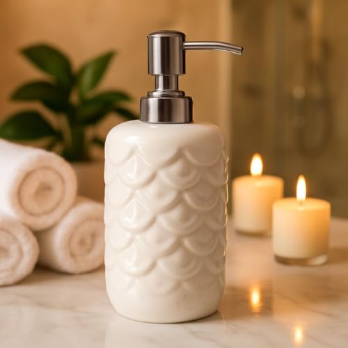 Image of Ceramic Soap Dispenser 330ml (Set of 1) | Multipurpose Lotion, Hand Wash & Liquid Soap Pump Bottle for Bathroom & Kitchen | White Stone Design