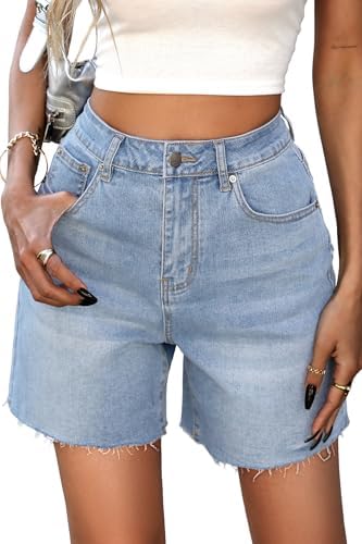 ELLEVEN Women's Raw Hem Jean Shorts, Wide Straight Leg Mom Denim ...