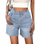 ELLEVEN Women's Raw Hem Jean Shorts, Wide Straight Leg Mom Denim Shorts