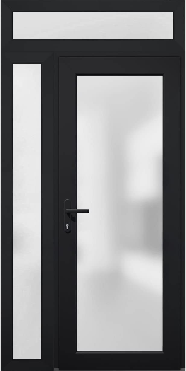 VDOMDOORS Front Exterior Prehung Fiberglass Door Frosted Glass/Manux 8102 Matte Black/Side and Top Exterior Window/Entrance Patio Garage-W36+16" x H80+14"-Right-Hand Inswing