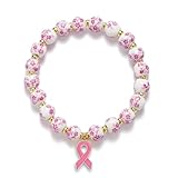 Breast Cancer Bracelets Beads Ribbon Charm Bracelet for Women Pink and White Flower Vintage Breast Awareness Accessories Stretch Bracelet Handmade Cancer Care Survivor Gift for Her(Pink)