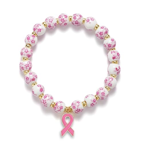 Breast Cancer Bracelets Beads Ribbon Charm Bracelet for Women Flower Vintage Breast Awareness Accessories Stretch Handmade Bracelet