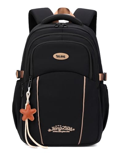 Lutuan Sac à Dos Fille Adolescent - Cartable Scolaire Imperméable avec Porte-clés étoile - Sac a Dos pour École Primaire College Lycée à la Mode pour PC 15.6", Noir