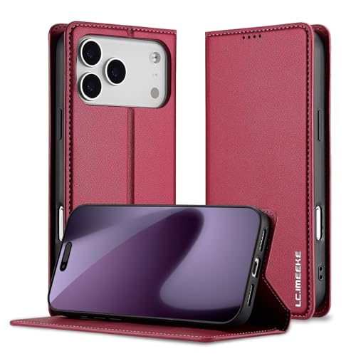 Étui iPhone 17 Pro Max rouge en cuir, clapet magnétique raffiné