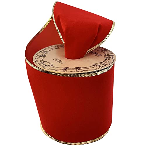 Image of Gold Edge Red Velvet Ribbon - 4 inch x 10 Yards, Wired Edges, Holiday Decor, Garland, Gifts, Wrapping, Wreath, Gift Bow, Christmas, Valentine's Day