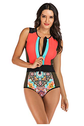 Mujer Surf Ropa Una Pieza Traje de Baño Sin Manga Bañador Playa Acolchados Rashguard para Surf Playa Ropa de Natación Elástico Push up Swimsuit para Deportes Acuáticos YY7704OGL Cover
