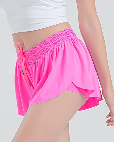 Booph Girls Flowy Shorts Athletic Butterfly Shorts Girls With Inner Pockets For Running Tennis Rose Red 13-14Y #TOP3