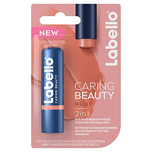 Labello Caring Beauty Nude (1 x 5,5 ml), Stick à lèvres au beurre de karité et huile d’amande, Baume à lèvres à la couleur neutre pour 24 H d’hydratation Cover