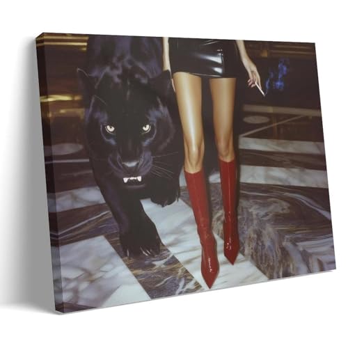 Vintage Trendy Red Boots Wall Art Retro Leopard Canvas Fashion