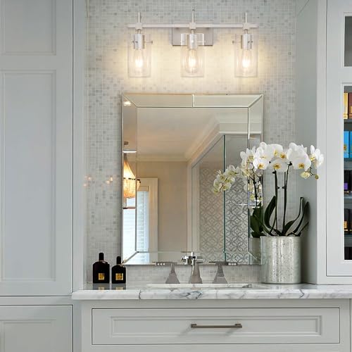 Image of SOLFART 3 Lights Vanity Light Bathroom Light Fixture Over Mirror for Bathroom Glass Shade Lights Brushed Nickel Vintage Lighting Fixture