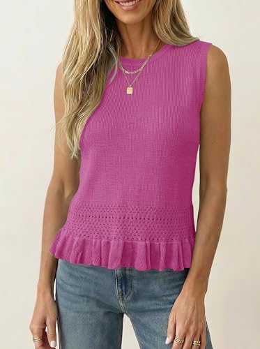 LaGracia Cropped Tank Tops for Women Sleeveless Crochet Sweaters Vest Lightweight Babydoll Crop Tops Summer Boho Beach Vacation Outfits Hot Pink M — view 2