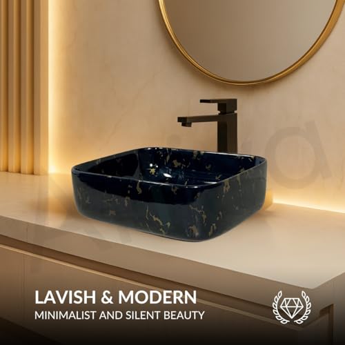 Image of Artiva Ceramic Wash Basin /Tabletop Washbasin For Bathroom,12 inchx16 inch /Small Countetop Bathroom Basin /Table Top Basin For Home,Office,Hotel /Rectangle Glossy Sink (Phoenix-Gold,12x16 Inch)