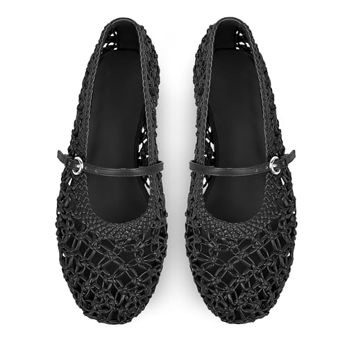 Woven Ballet Flats for Women Mesh Round Toe Mary Jane Flats with Metal Buckle Strap Rattan Ballerina Flat Shoes4