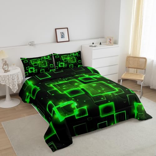 Image of Feelyou Geometric Green Black Comforter Set King Size, Kids Light Honeycomb Bedding Set Geometrics Comforter Abstract Duvet Insert Bed Set 3Pcs