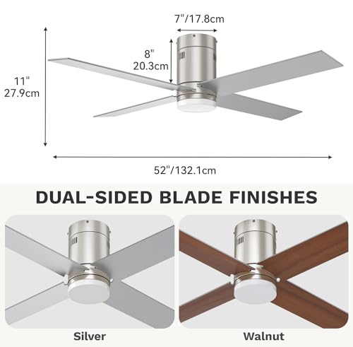 DWVO 52 Inch Flush Mount Ceiling Fan with Lights, Brushed Nickel Reversible 4 Blade Ceiling Fan with Dimmable 3 Color Temperature, 6 Speed DC Motor, Memory Function for Bedroom, Living Room