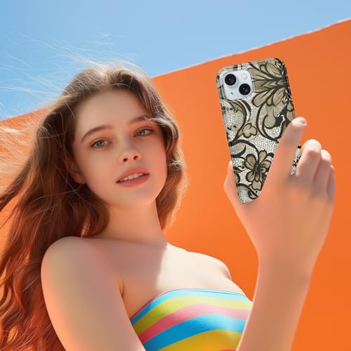 Coque iPhone 15 de 6.1 pouces, dentelle florale verte délicate