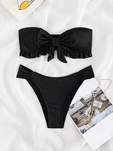 Floerns Women's 2 Piece Bathing Suit Ruffle Hem Bandeau Tie Front Bikini Set Black Medium - Image 3