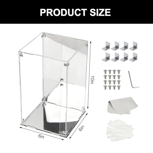 Image of 6x6x10Inch Assemble Clear Acrylic Box with Mirror Back and Base | Removable Display Case with Lid for Collectibles, Countertop Decorative Storage Box for Display Action Figures Jewelry