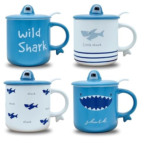 KeQiu Shark Pattern 12 Oz Ceramic Coffee Mug Set of 4 with Lid and Spoon, Perfect for Coffee,Tea and Milk, Microwave and Dishwasher Safe, Cute Kitchenware Gift for Coffee Lovers Cover