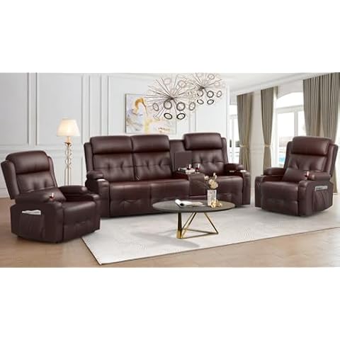 Recliner Sofa, 3 Seater Massage Reclining Loveseat Sofa Sets, 2 Single Power Recliner Chairs Heat & Massage, Heavy Weight Capacity, RV Clearance Love Seat Couch with Console, USB, Type C Port Cover