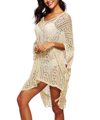 Feelia Saída de praia feminina de crochê vazada, saída de praia, piscina, saída de praia, Bege, One