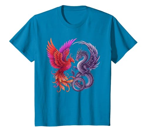 Mystical Phoenix and Dragon Swirl Yin Yang Design Men Women T-Shirt, Youth, Sapphire Blue, Small