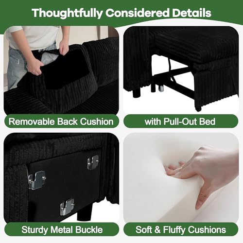 Image of Sleeper Sectional Couch, Sleeper Sofa Bed with Pull Out Bed, Oversized Corduroy Couch for Living Room, Bedroom and Apartment, Modular Corner Sofa with Storage, Black
