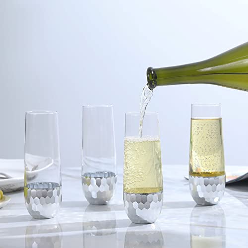 Mygift Modern Stemless Champagne Flute Glass Set Of 4 Party Drinkware, Cocktails Prosecco Mimosa Glasses With Hammered Silver Plated Bottoms #TOP1