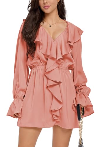 Neresum Fall Dresses for Women 2025 V Neck Puff Long Sleeve High Waist Ruffle Casual A-Line Swing...