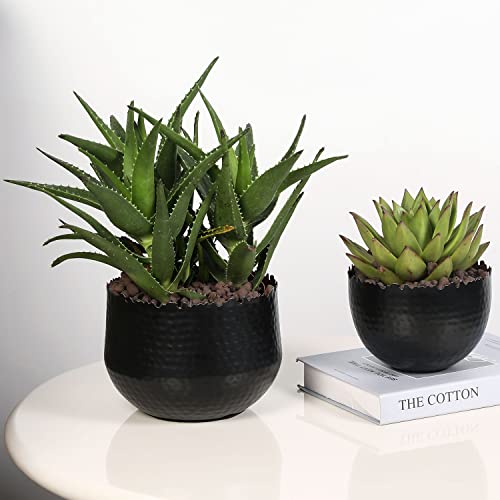 Mygift Matte Black Metal Indoor Plant Pot With Jagged Live Edge And Hammered Design, Small Round Planter Bowl Container With Gold Interior, 2 Piece Set - Handcrafted In India #TOP2