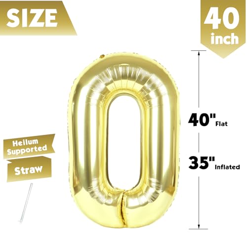 Image of 40 Inch Light Gold Number 0 Balloon, Champagne Birthday Party Decorations | 40 Inch Light Gold inflatable foil number balloons, large birthday decorations for 0th birthday