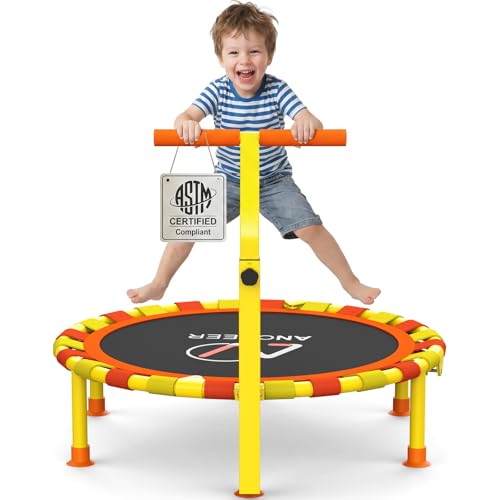 Image of ANCHEER 38 inch Toddler Trampoline for Kids, ASTM Certified Foldable Mini Trampoline with Adjustable Foam Handle, Indoor & Outdoor Kids Trampoline, Quiet Design, 200 LBS Capacity, Easy Assembly