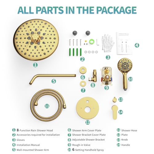 Image of SR SUN RISE Shower Faucet - 10 Inch Multifunctional High Pressure Shower Head System with Handheld Shower Head Fixtures - Valve Included - Brushed Gold