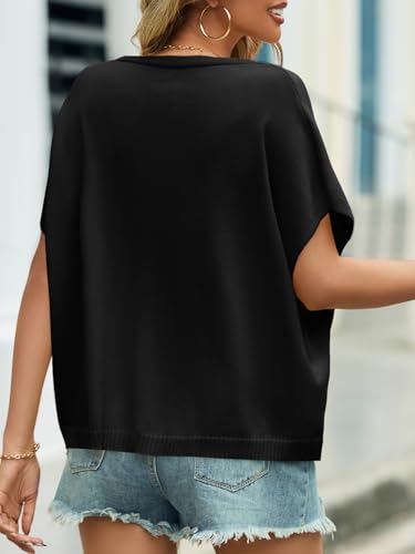 Image of Saodimallsu Womens Summer Oversized Cardigans Batwing Short Sleeve Lightweight Button V Neck Casual Knit Sweater Tops