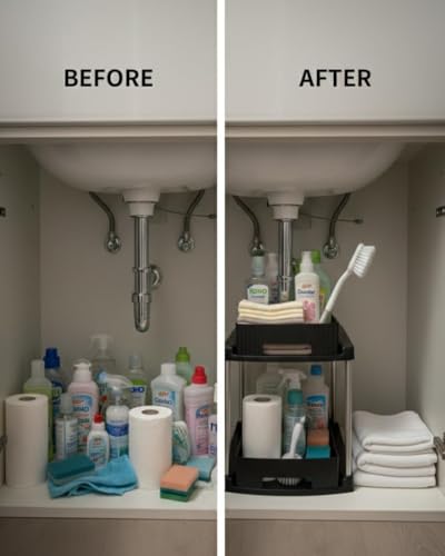 Image of HomeWiz Sink Organizer 2-Tier | Under Sink Storage Organizer | Kitchen Cabinet Organiser | Multipurpose For Kitchen & Bathroom | Plastic & Steel Frame | Space-Saving Storage Rack | 44x32x22 cm | Black