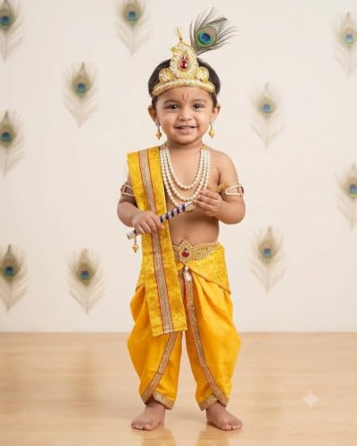 Image of Krishna Dress for Baby Boy Kids Janmashtami Costume | Dhoti & Patka Included, Mukut & Morpankh, Bansuri & Kamarband, Bajuband & Kundal, 8-Piece Set