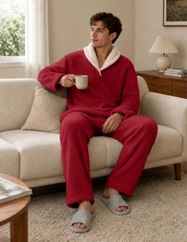 Image of Mens Fluffy Coral Fleece Pajamas Set Pullover Pants Loose Plush Warm Loungewear Sleepwear