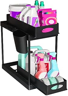Valuetom Under Sink Organiser with Sliding Storage Drawer 2-Tier Under Sink Bathroom Storage with 4 Hooks Sliding Storage Basket Shelf for Cosmetics Kitchen Bathroom Pantry 39x20x30cm Black
