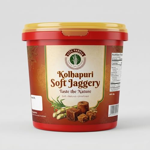 VITA PANELA Kolhapuri Fresh Desi Soft Jaggery Block No Sugar Added Gud Sarkkara Bella Bellaṁ Vellam Bucket Shape Perfectly Packed In Jar (900g)
