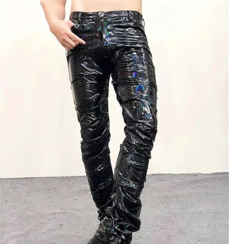 Men's Faux Leather Stacked Pants Stretchy Reflective PVC Slim Fit Clubwear2