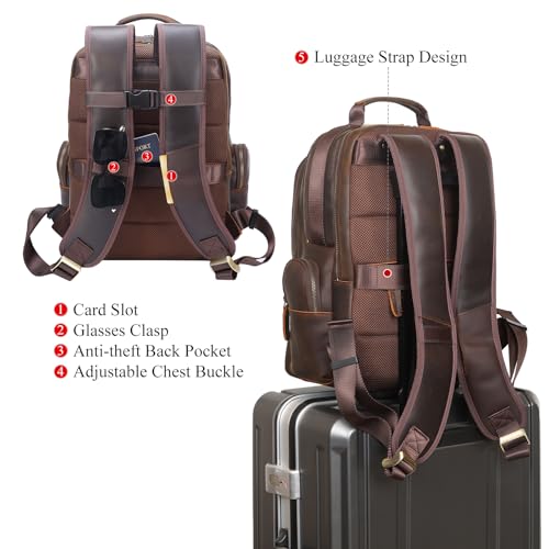 TIDING Vintage Full Grain Leather 15.6 Inch Laptop Backpack for Men Large Capacity Travel Rucksack Weekender Camping Daypacks - Image 4