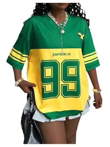 SOLY HUX Women's Y2k Jamaica Jersey Shirt Number Graphic Tees V Neck Half Sleeve Oversized Summer Tops Streetwear Green Letter Large