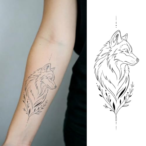 WEEKINK Wolf Temporary Tattoo for Men Women – Geometric Sketch Wildlife Animal, Long Lasting 1–2 Weeks Semi-Permanent Tattoo, Minimalist Wolf Head Botanical Leaves Fake Tattoo for Arm & Leg (Set of 2)