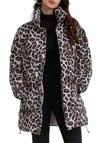 utcoco Womens 2025 Fashion Leopard Padded Puffer Coat Stand Collar Full Zip Winter Warm Down Coat Parka Overcoat (Large, Brown)